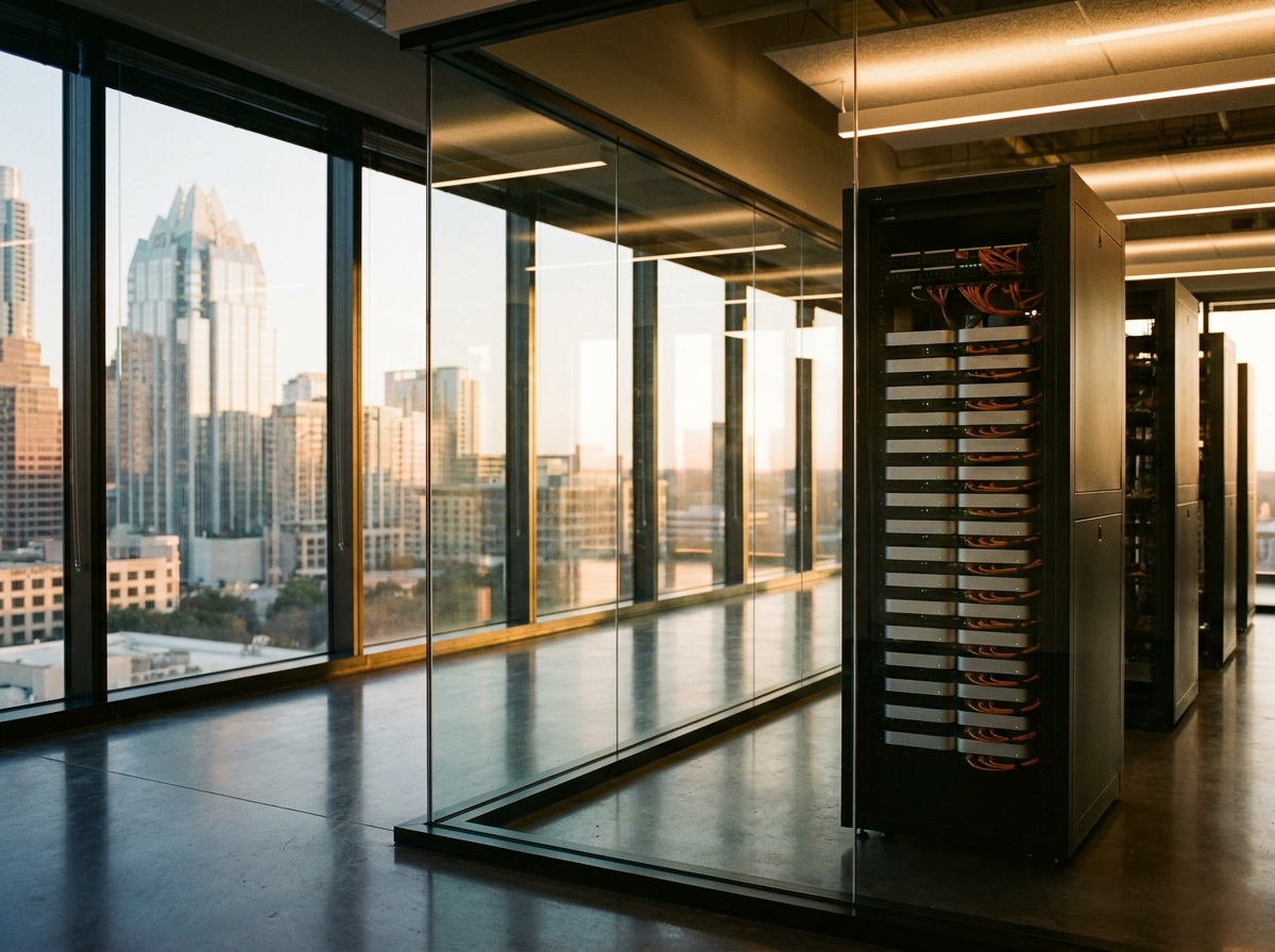 Wraparound glass-walled corner inside the Deliany training cluster: a rack of Apple Silicon hardware on the right with the downtown Austin skyline and Frost Bank tower visible through two floor-to-ceiling glass walls at golden hour
