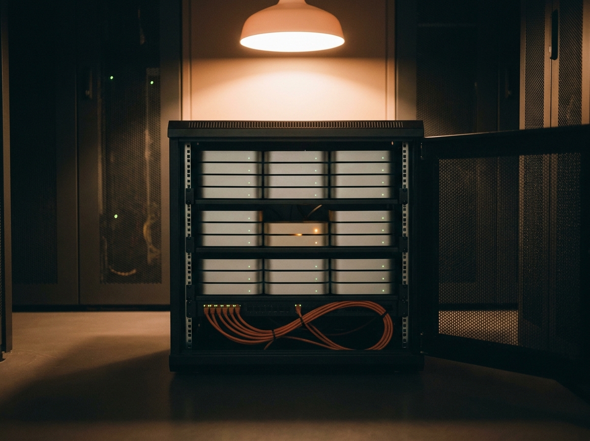 Low-angle interior view of a datacenter cabinet in East Austin: stacked aluminum Mac Minis lit by a warm overhead lamp, a burnt-orange cable coiled at the base