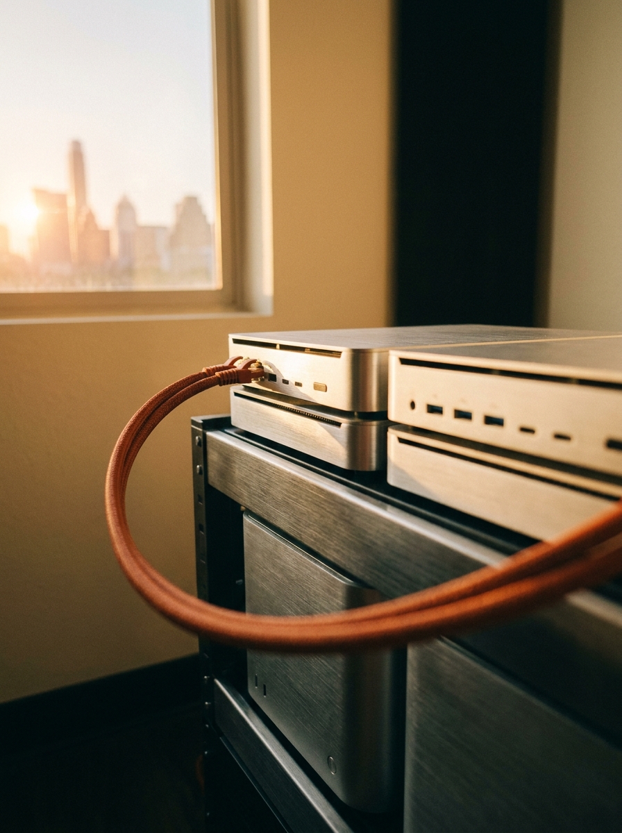 A rack of Mac Minis beside a window overlooking the Austin skyline at golden hour, with a warm burnt-orange Ethernet cable in the foreground
